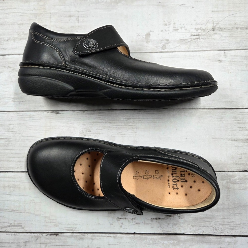 Finn Comfort Laval Mary Jane Women 38 Black Leather Flat Support Comfort Shoe